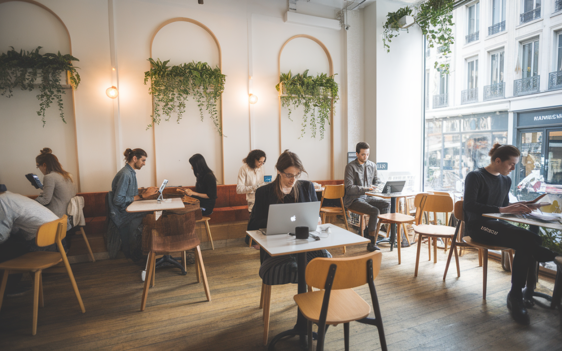 Café moderne avec plusieurs personnes travaillant sur des ordinateurs et tablettes, entourées de plantes et de lumière naturelle.