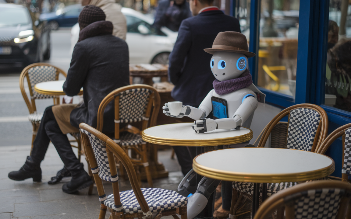 Un robot assis à une table de café, portant un chapeau et une écharpe, tient une tasse tout en observant les passants.