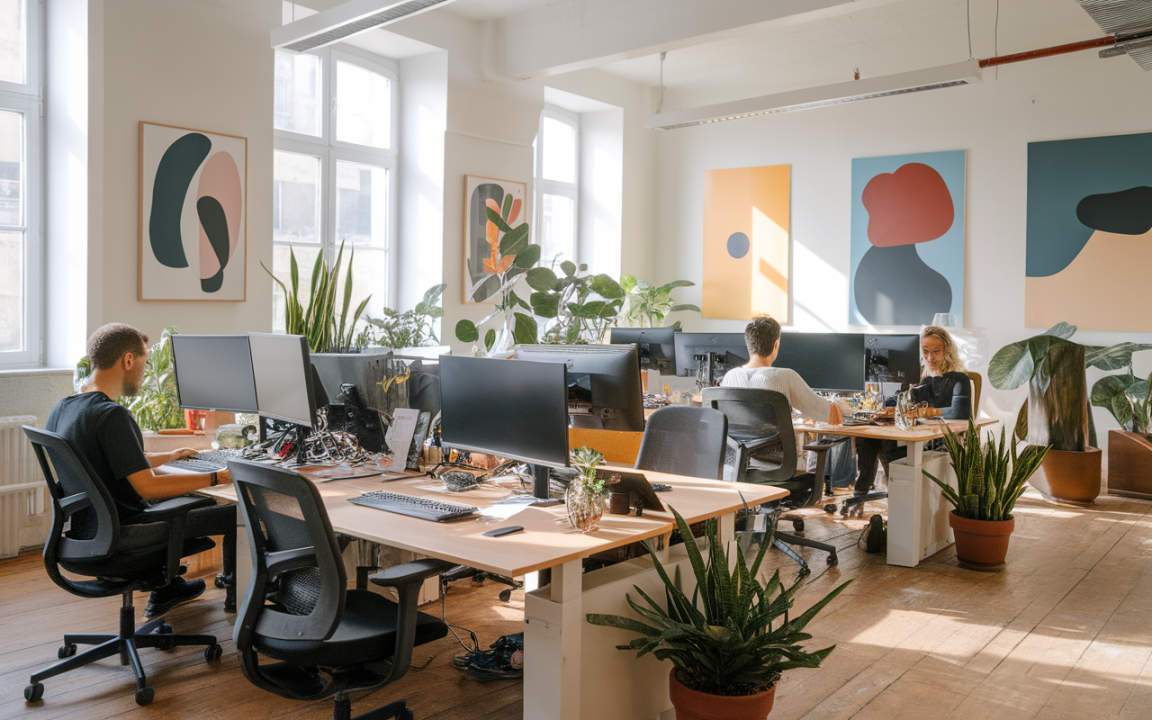 Bureau moderne lumineux avec plantes, plusieurs postes de travail occupés par des personnes, et des œuvres d'art abstrait aux murs.