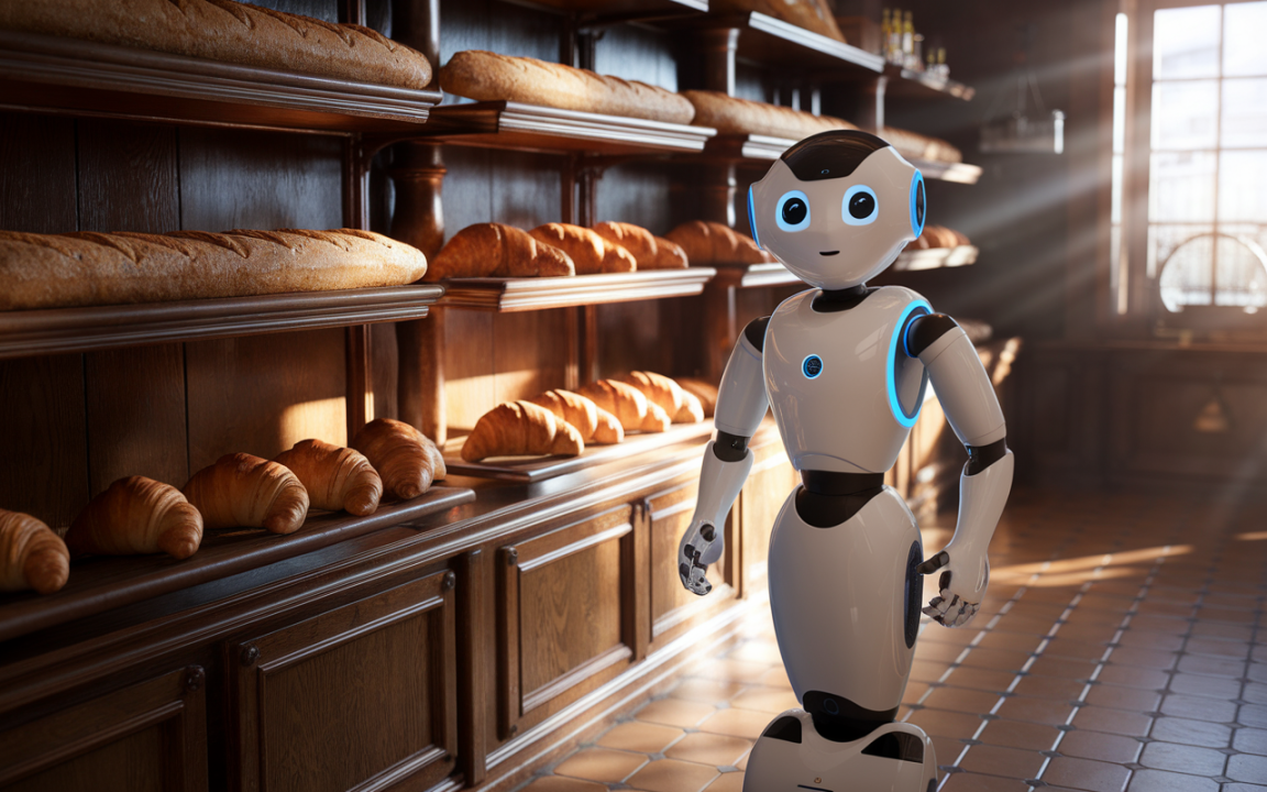 Un robot humanoïde souriant se tient dans une boulangerie, devant des étagères remplies de pains et de croissants dorés.