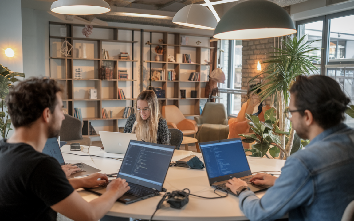 Quatre personnes collaborent dans un espace de coworking, utilisant des ordinateurs portables autour d'une table, entourées de plantes.