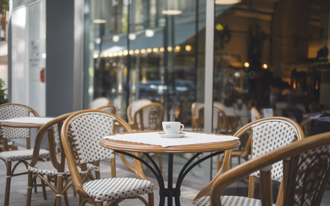 Terrasse de café avec des chaises en rotin, une table ronde et une tasse de café fumant sur une nappe blanche.