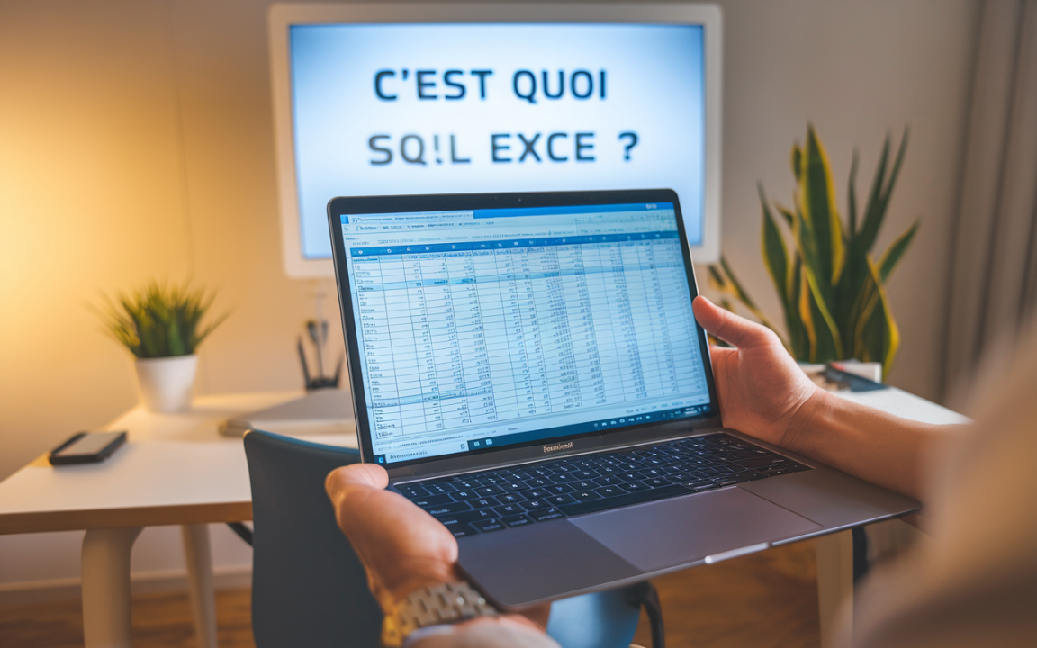 Un homme tient un ordinateur portable affichant un tableau, tandis qu'un écran montre "C'est quoi SQL Exce ?" dans un bureau moderne.