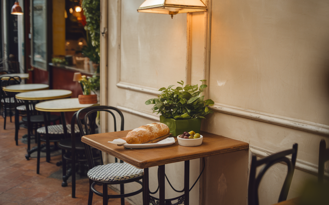 Table en bois avec du pain, des olives et une plante verte, dans un café élégant au décor charmant.
