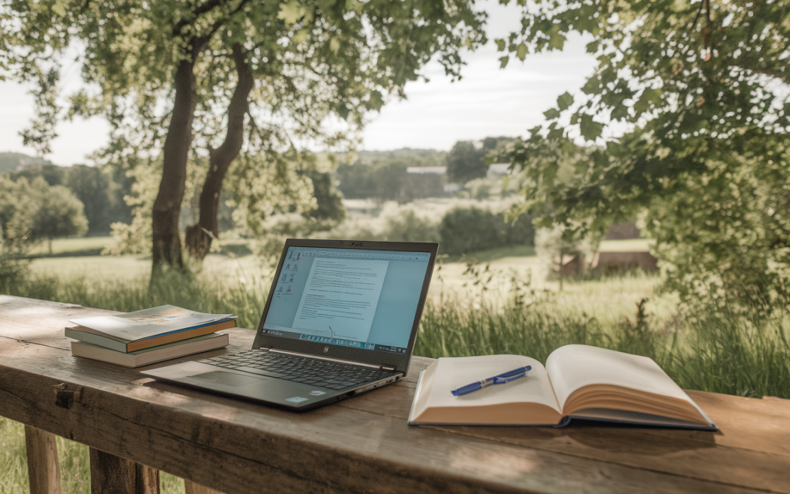 Un ordinateur portable, des livres empilés et un carnet ouvert sont posés sur une table en bois, entourés par la nature.