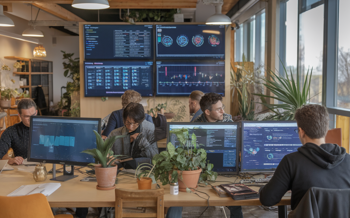 Un bureau moderne avec des ordinateurs et des écrans affichant des données, entouré de plantes, et des personnes concentrées au travail.
