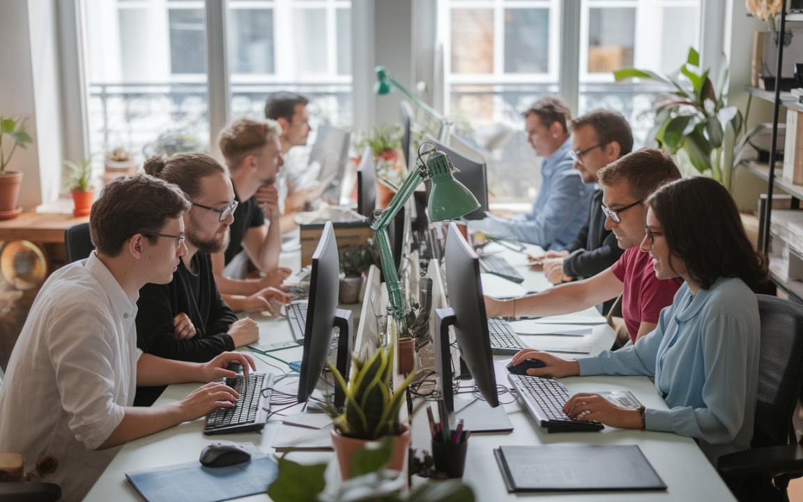 Une dizaine de personnes travaillent à leurs bureaux, face à des écrans d'ordinateur, dans un bureau lumineux et moderne.