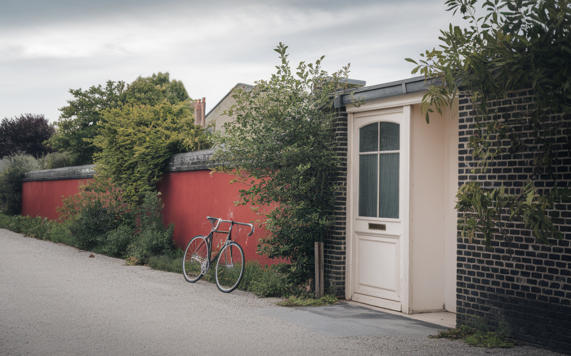 Un mur rouge, une porte blanche et un vélo leanent, entourés de verdure sur un chemin gravelé. Ciel nuageux.