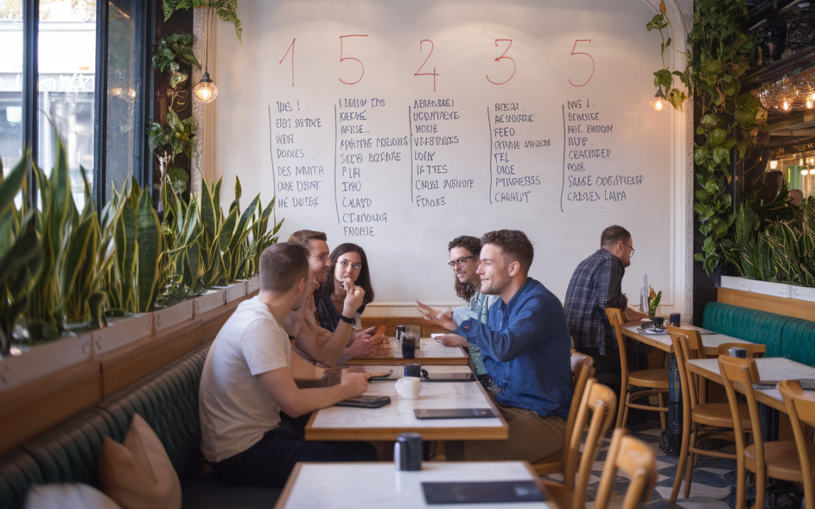 Groupe d'amis discutant autour d'une table dans un café, avec des plantes et un mur écrit en arrière-plan.