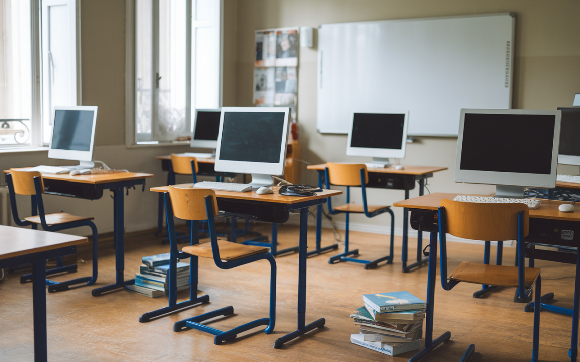 Salle de classe avec des ordinateurs sur des bureaux en bois, quelques chaises et des livres empilés au sol.