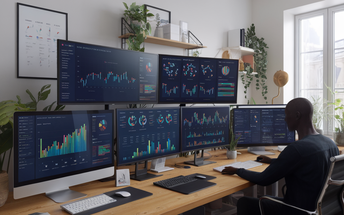Un bureau moderne avec plusieurs écrans affichant des graphiques et des données analytiques, entouré de plantes et de lumière naturelle.