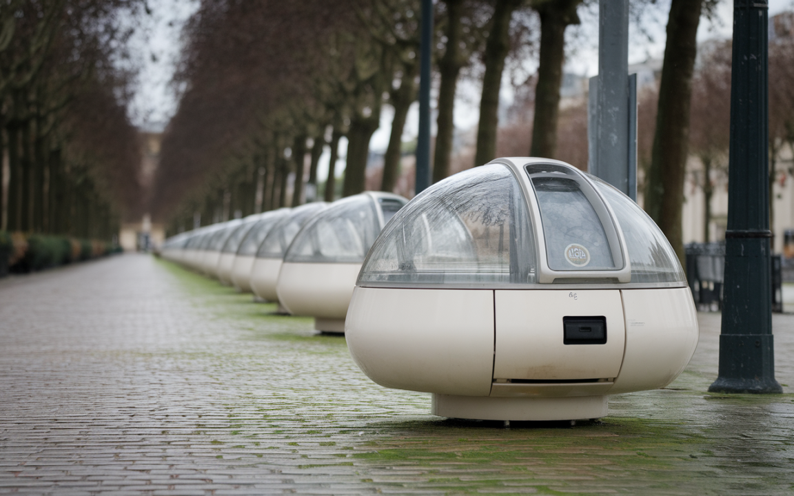 Des capsules transparentes sont alignées le long d'un chemin pavé, entourées d'arbres sans feuilles, sous un ciel nuageux.