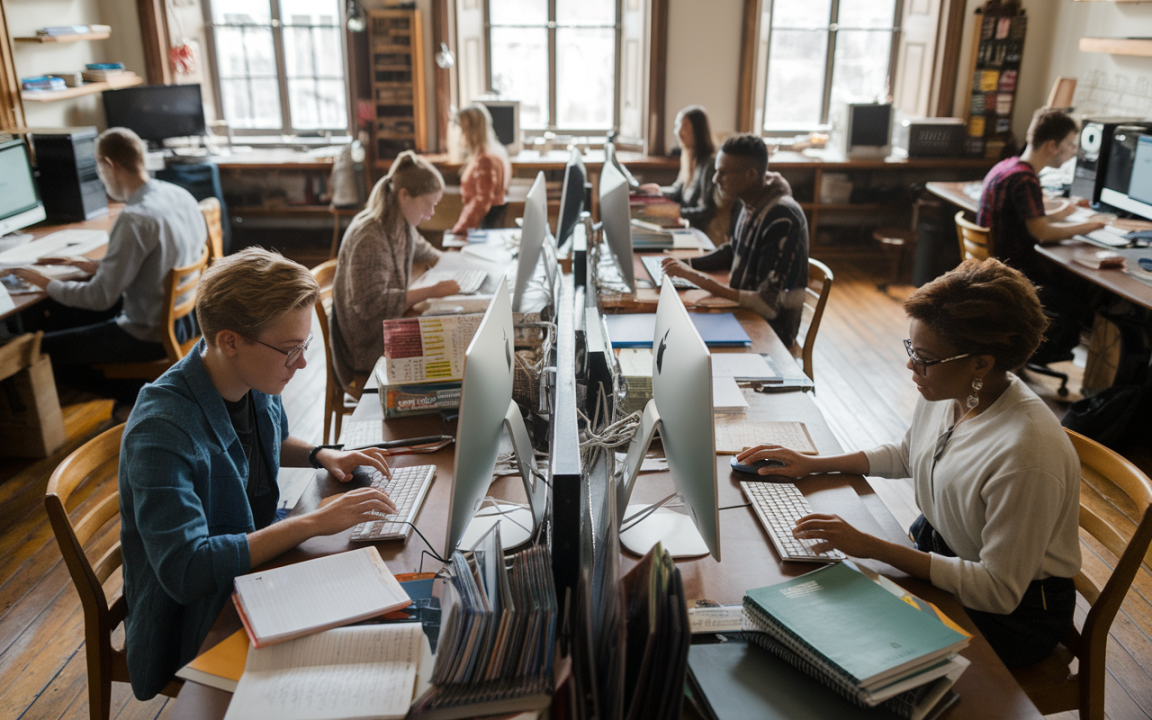 Groupe de personnes travaillant sur des ordinateurs dans une pièce lumineuse, entourées de livres et de fournitures de bureau.