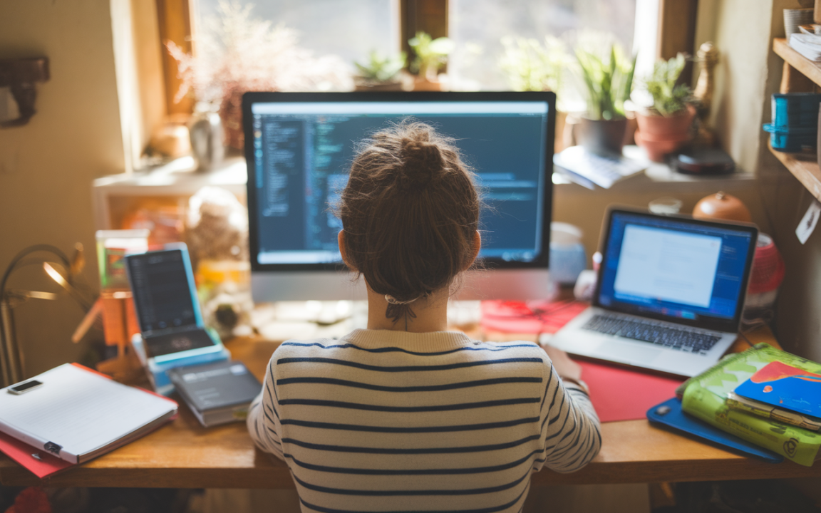 Femme assise, vue de dos, utilisant un ordinateur avec du code sur un écran, bureau avec livres et plantes.