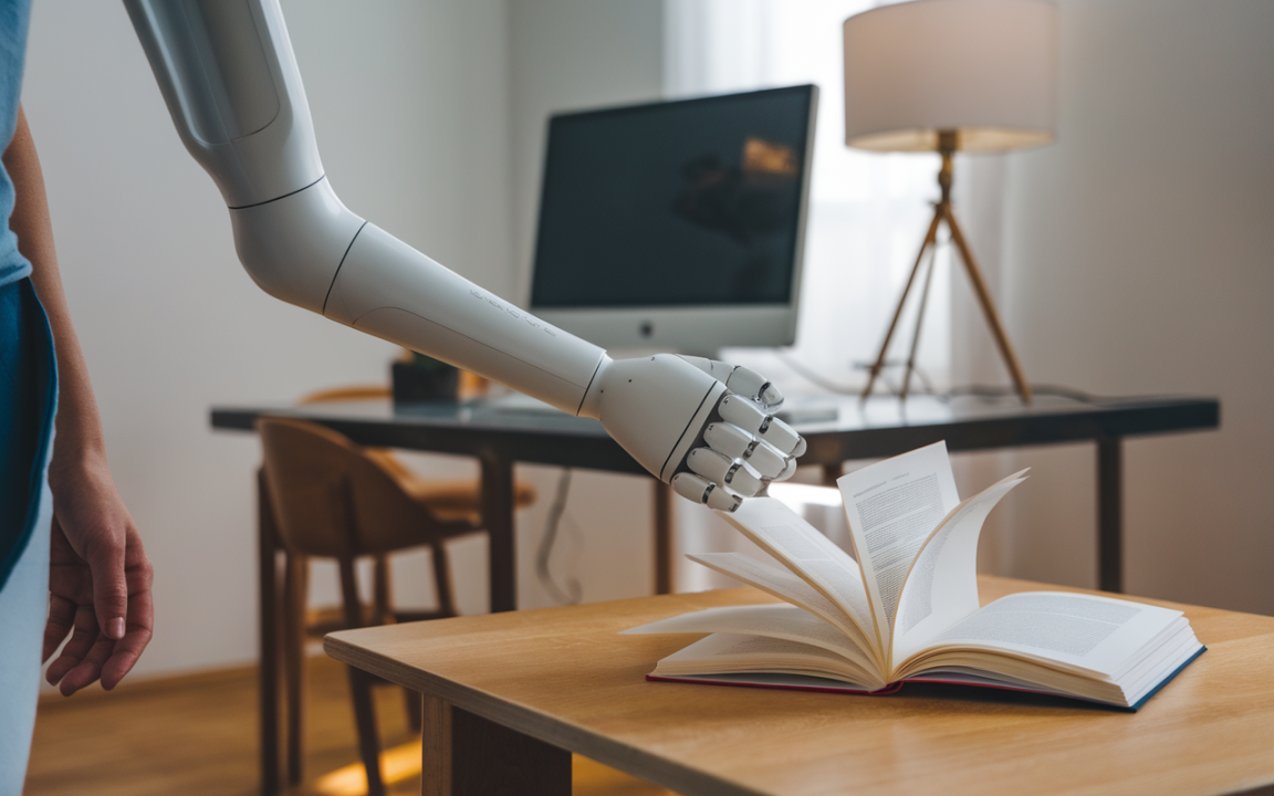 Un bras robotique tourne les pages d'un livre sur une table, avec un ordinateur en arrière-plan. Lumière naturelle et ambiance de bureau.