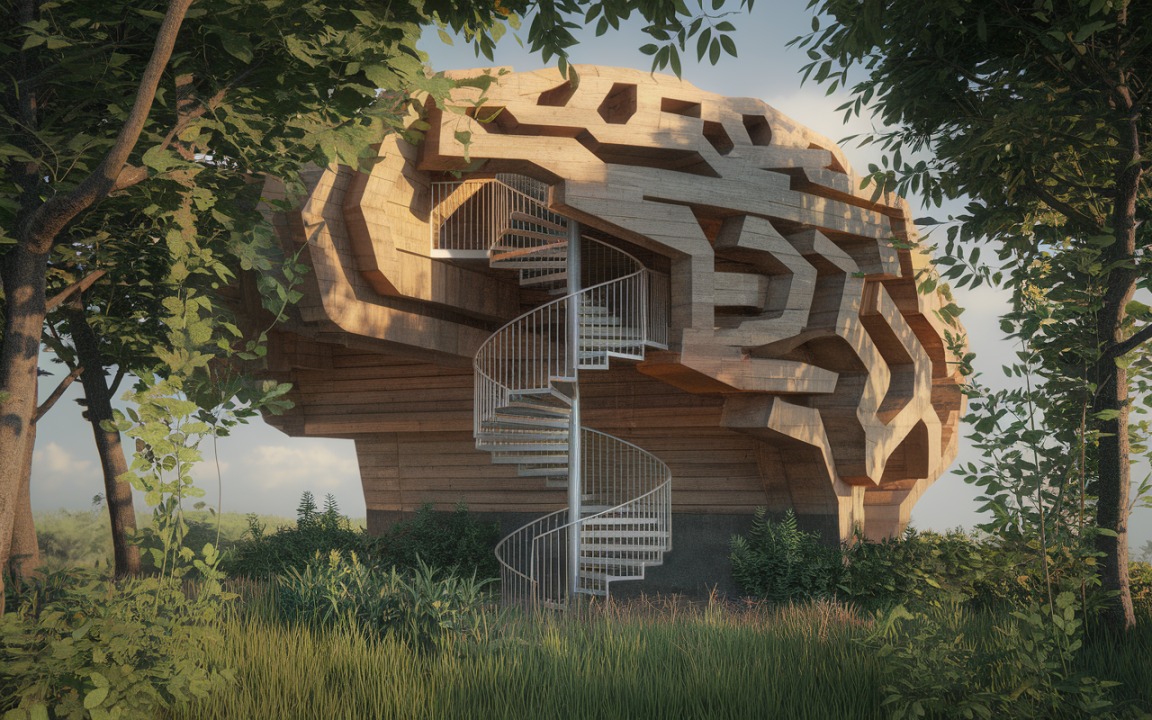 Bâtiment en forme de cerveau avec des escaliers en spirale, entouré de verdure, sous un ciel dégagé.
