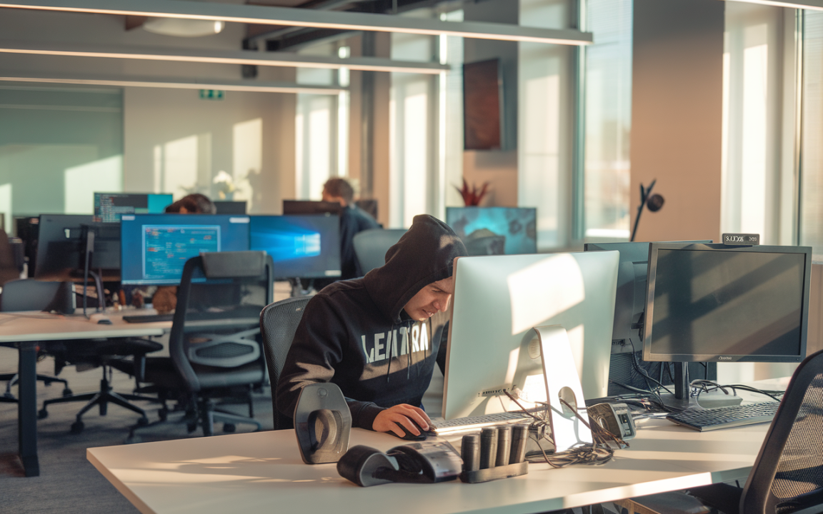 Un bureau moderne avec un homme en sweat à capuche travaillant sur un ordinateur, entouré de collègues dans un environnement lumineux.