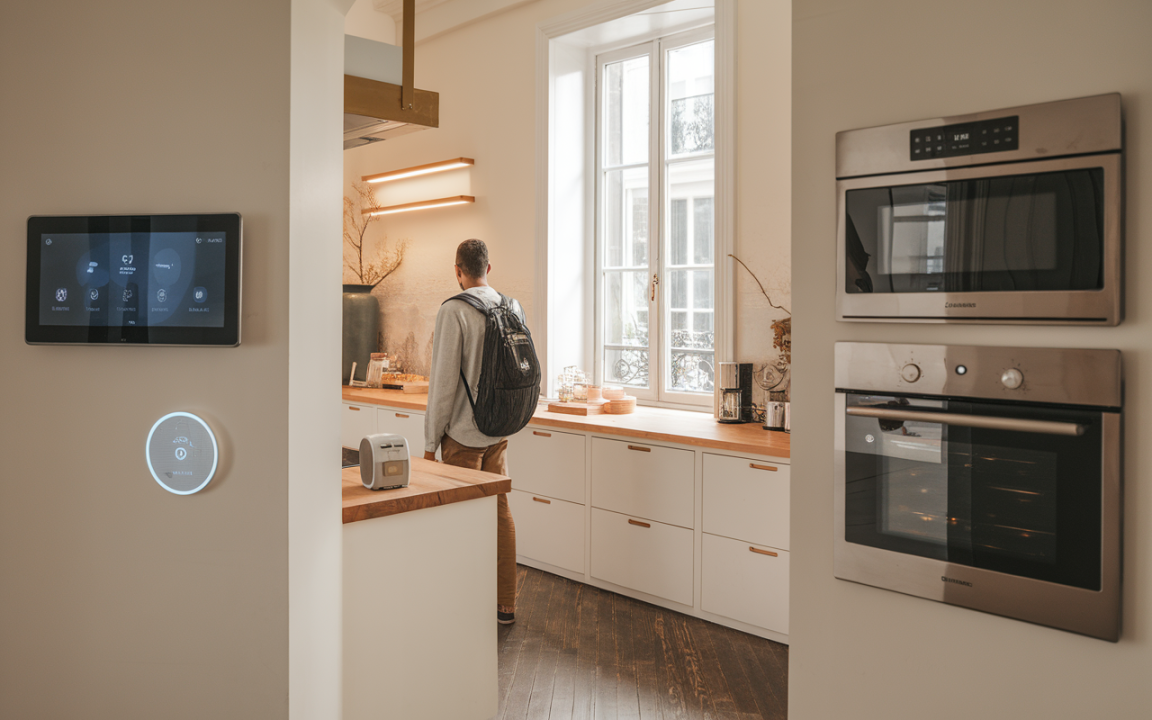 Un homme se tient devant un plan de travail de cuisine moderne, équipé d'appareils électroménagers contemporains et d'une fenêtre lumineuse.