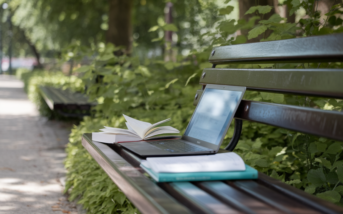 Ordinateur portable ouvert et livres sur un banc dans un parc verdoyant, ambiance calme, bonne pour l'étude ou la lecture.