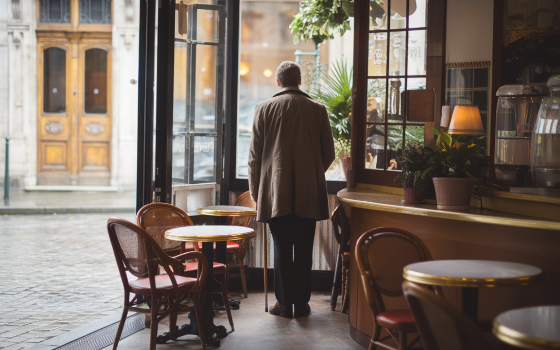 Un homme en manteau se tient debout dans un café, regardant la rue à travers une porte ouverte. Tables et chaises vides.