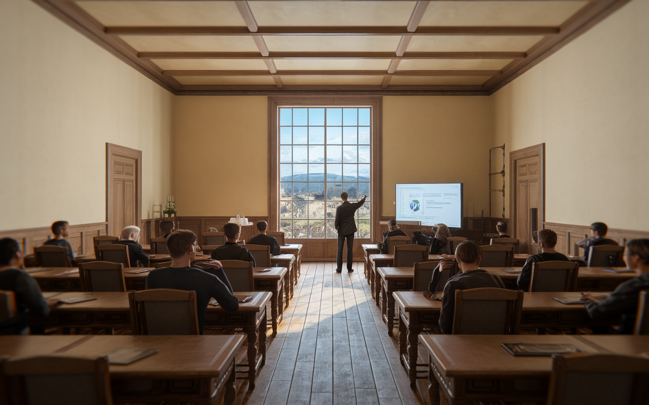 Une salle de classe avec un professeur présentant, face à des élèves attentifs, devant une grande fenêtre et un écran.