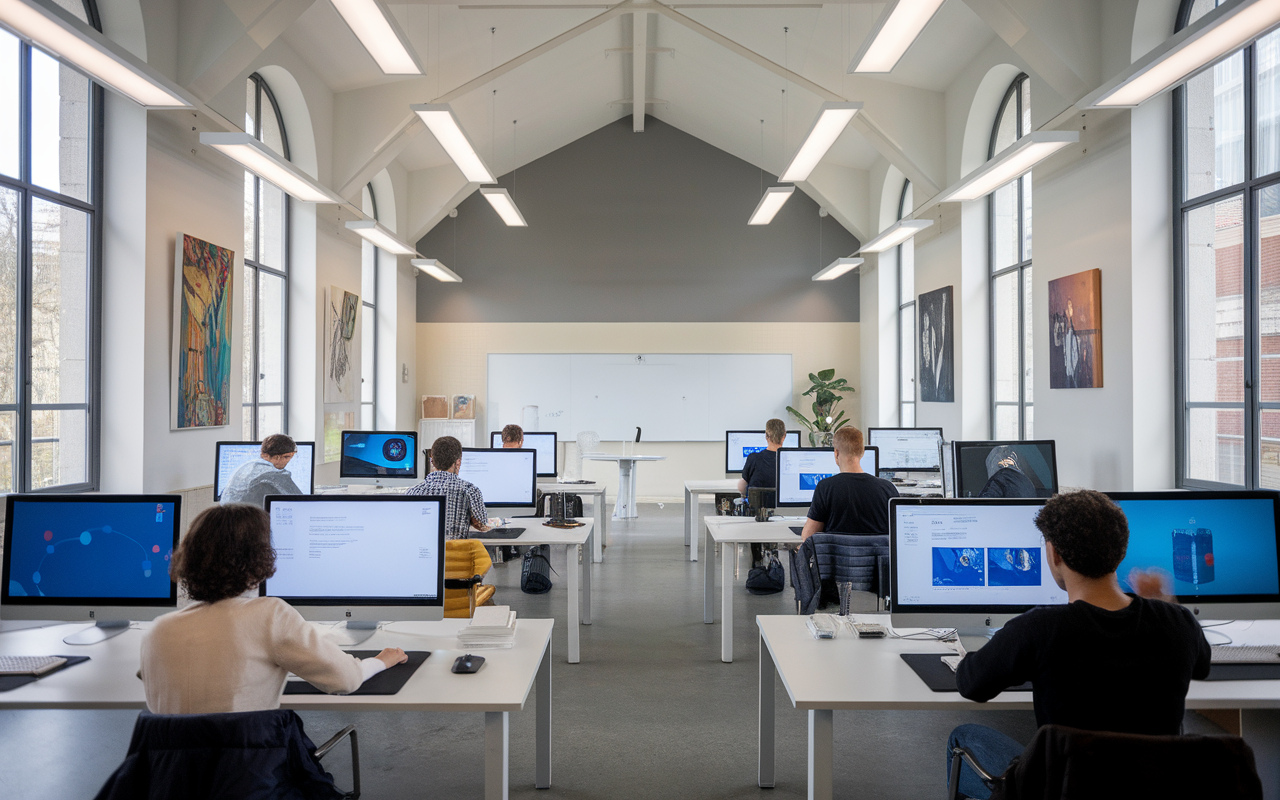 Salle de classe moderne avec plusieurs personnes travaillant sur des ordinateurs, grandes fenêtres et œuvres d'art sur les murs.