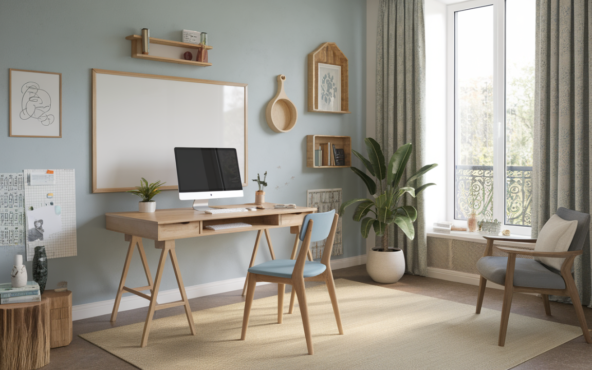 Bureau moderne avec ordinateur, chaise bleue, plantes, et fenêtres lumineuses. Décoration intérieure apaisante avec des touches naturelles.