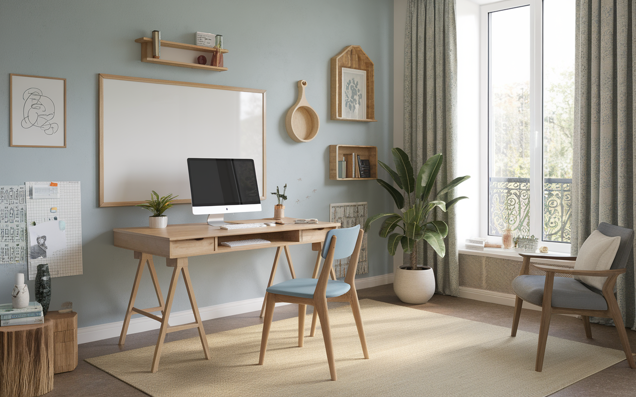 Bureau moderne avec ordinateur, chaise bleue, plantes, et fenêtres lumineuses. Décoration intérieure apaisante avec des touches naturelles.