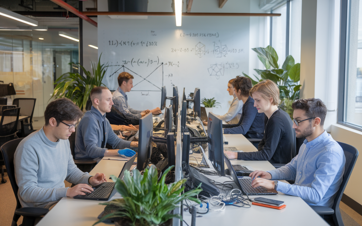 Groupe de personnes travaillant sur des ordinateurs dans un bureau moderne, avec des plantes et des écrans affichant des formules mathématiques.