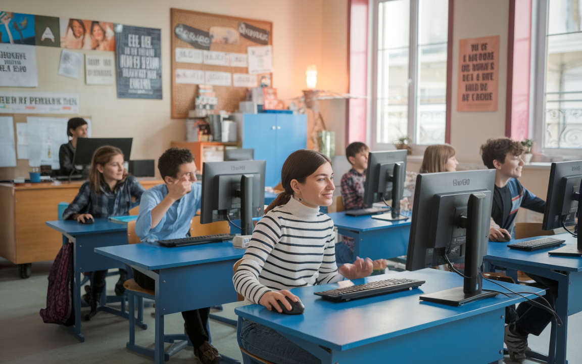 Des élèves assis devant des ordinateurs dans une salle de classe, concentrés sur leur travail, avec un tableau d'affichage en arrière-plan.