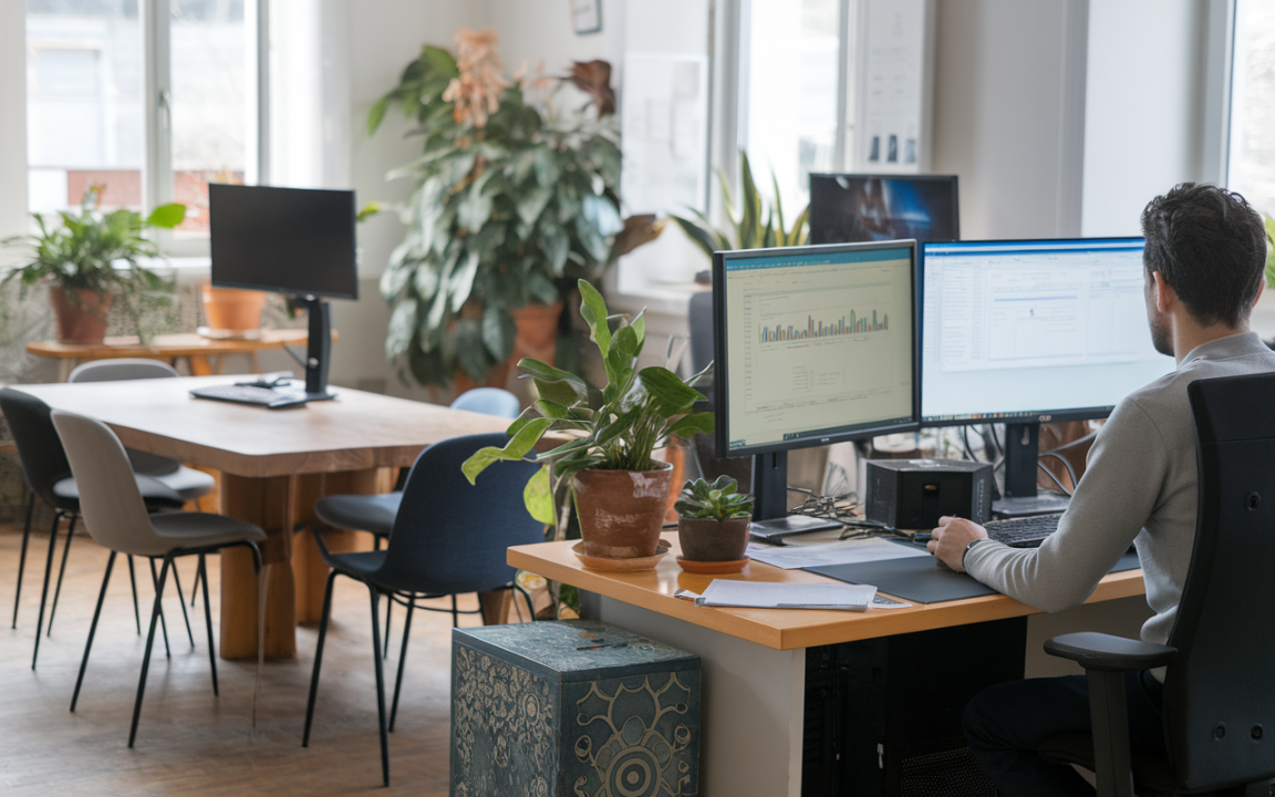 Un homme travaille sur deux écrans dans un bureau lumineux, entouré de plantes et de meubles modernes en bois.
