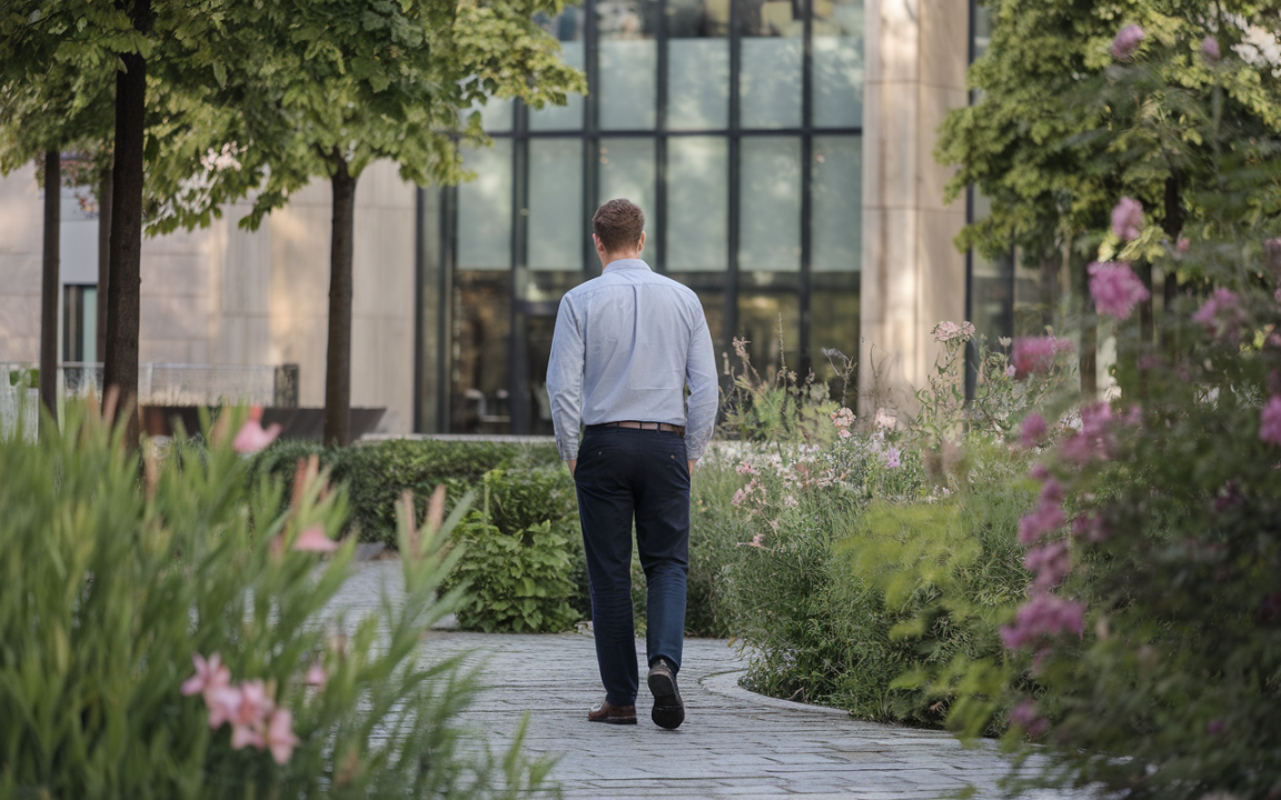 Homme en chemise grise marchant sur un chemin pavé, entouré de fleurs et de verdure, devant un bâtiment moderne.