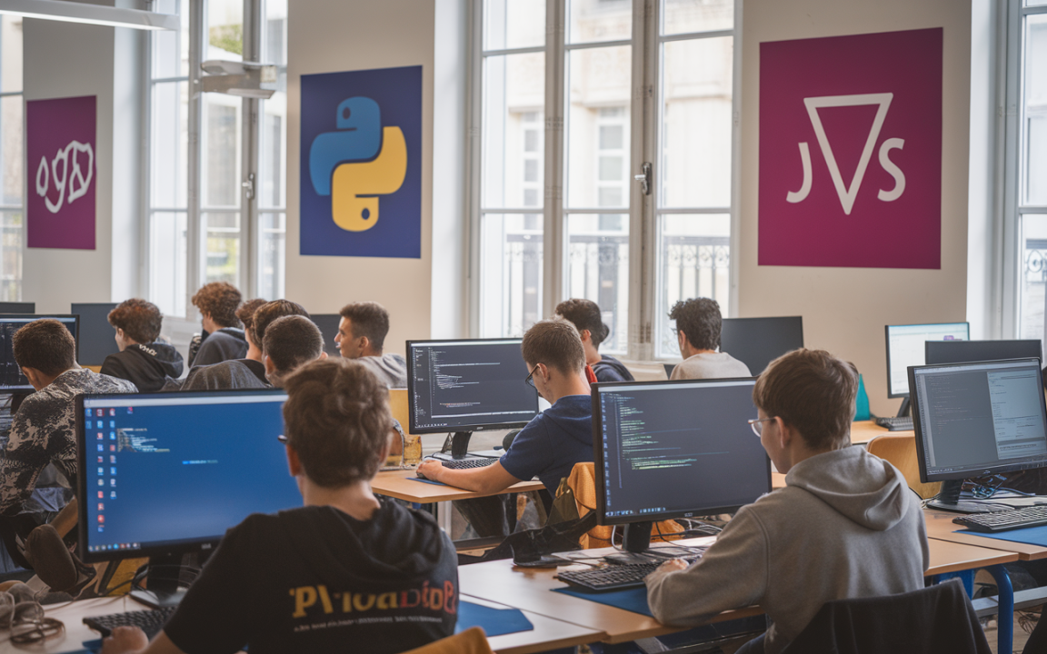 Classe de programmation avec des étudiants devant des écrans, affichant des lignes de code, des posters Python et JavaScript sur les murs.