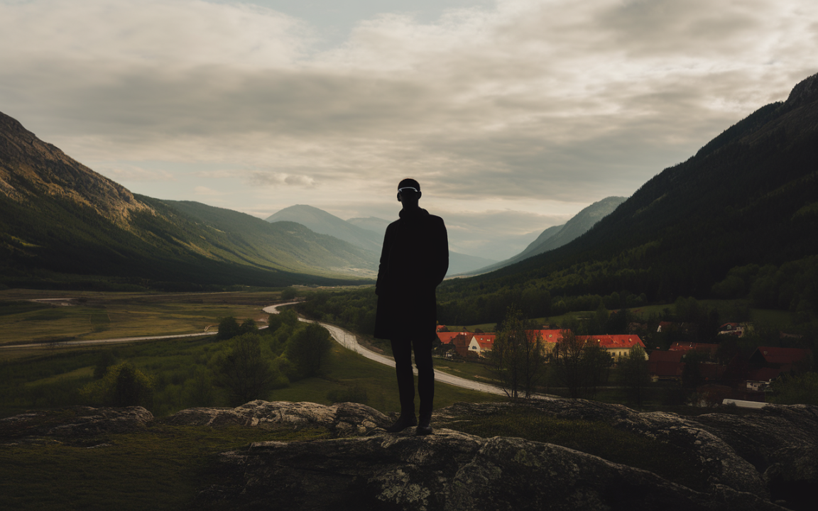 Silhouette d'un homme sur un rocher, face à une vallée verdoyante, montagnes et nuages en arrière-plan. Ambiance calme et contemplative.