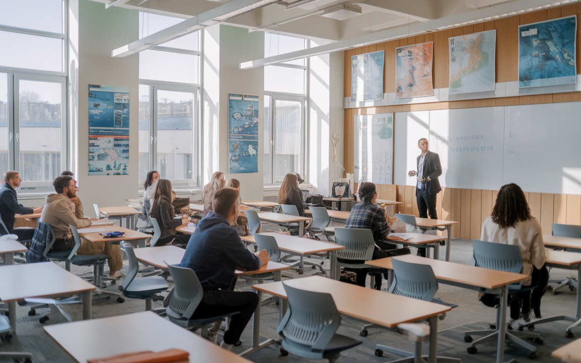 Un enseignant présente un cours devant une classe lumineuse, avec des étudiants attentifs assis à des bureaux modernes.