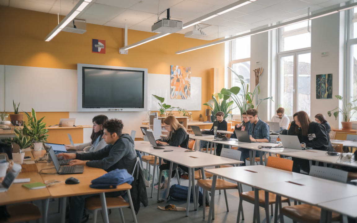 Salle de classe moderne avec plusieurs étudiants travaillant sur des ordinateurs, entourés de plantes et d'œuvres d'art.