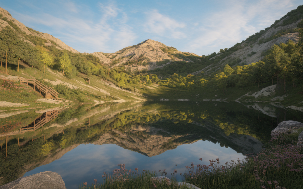 Paysage naturel avec un lac calme reflétant des montagnes et des arbres verdoyants sous un ciel clair.