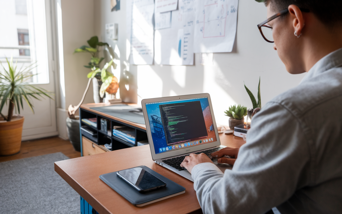 Un homme travaillant sur un ordinateur portable avec des lignes de code, entouré de plantes et d'un décor lumineux.