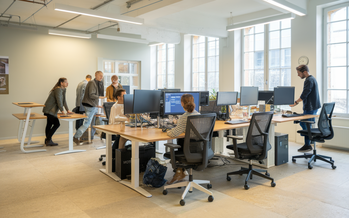 Bureau moderne avec plusieurs personnes travaillant, ordinateurs sur des bureaux avec fenêtres laissant passer la lumière naturelle.