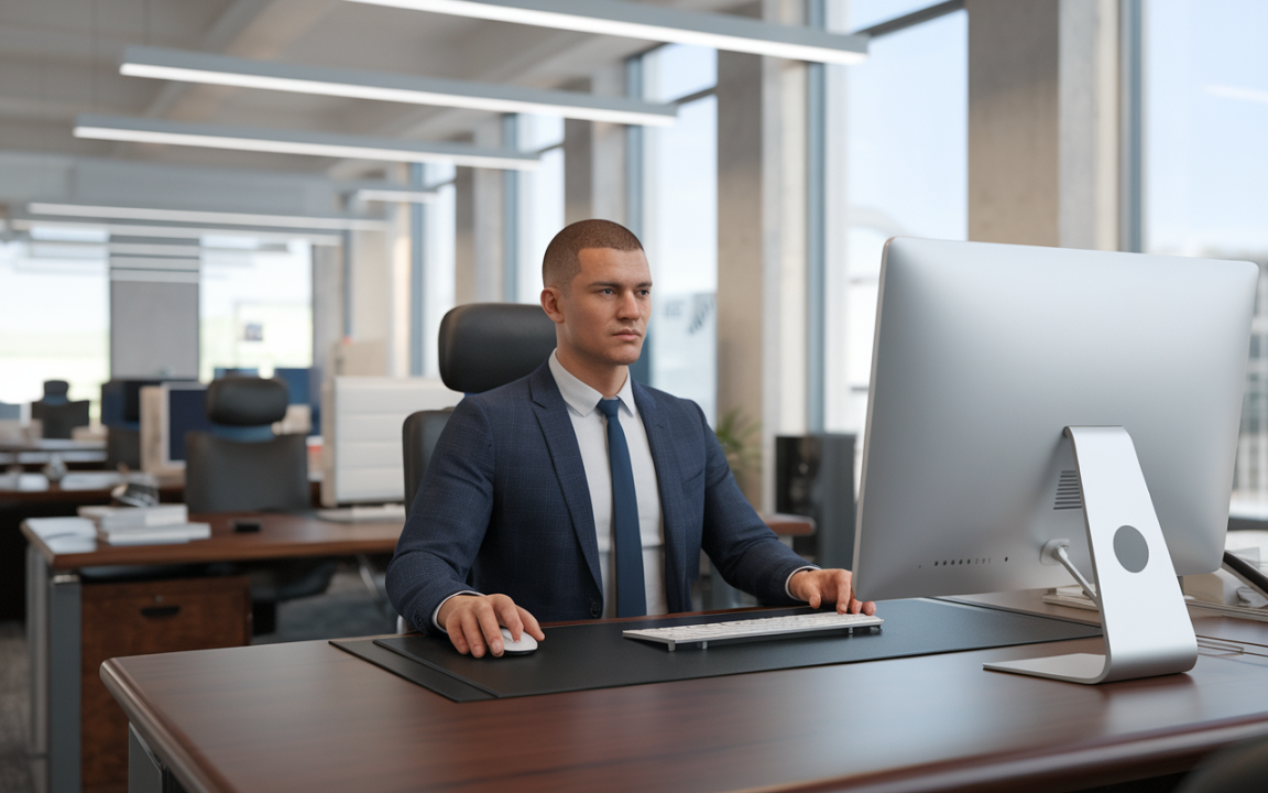 Homme d'affaires en costume assis à un bureau moderne, utilisant un ordinateur dans un bureau lumineux et ouvert.
