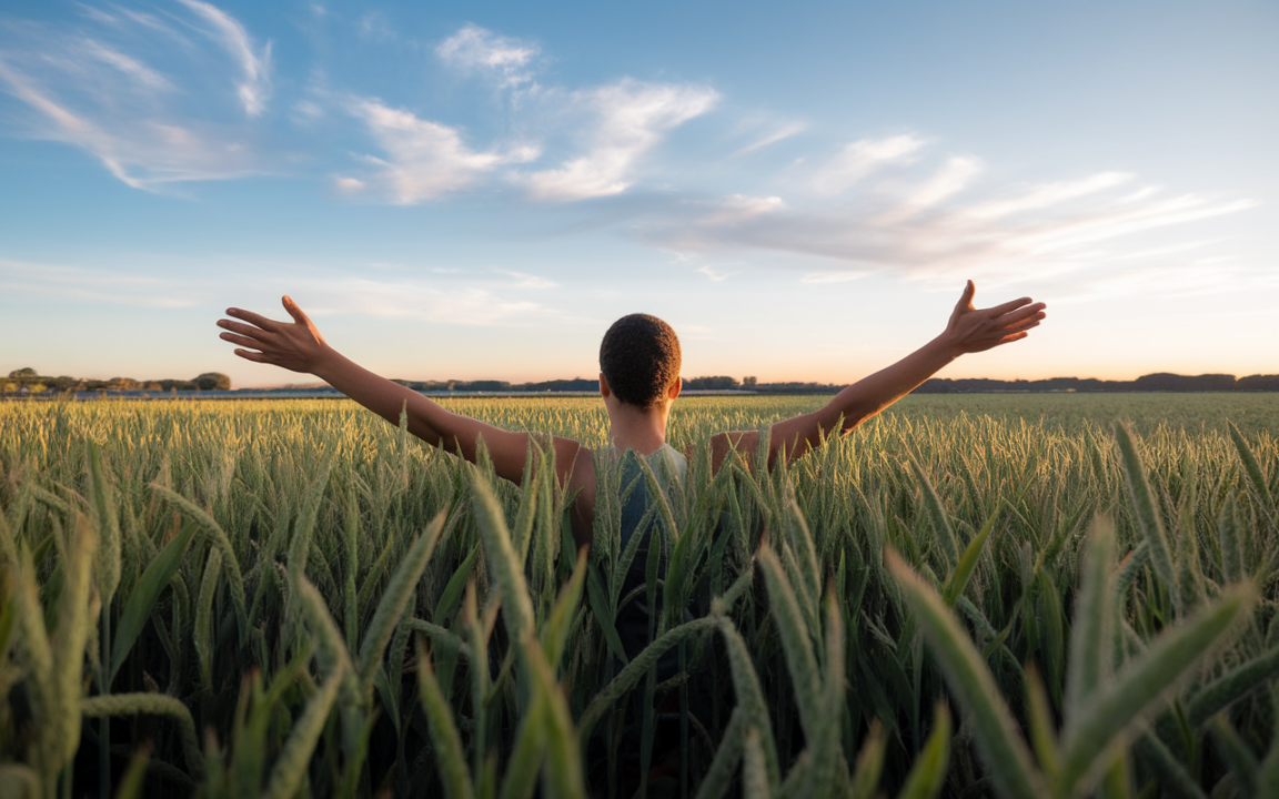 Une personne se tient dans un champ de blé, les bras ouverts, face à un ciel bleu, au coucher du soleil.