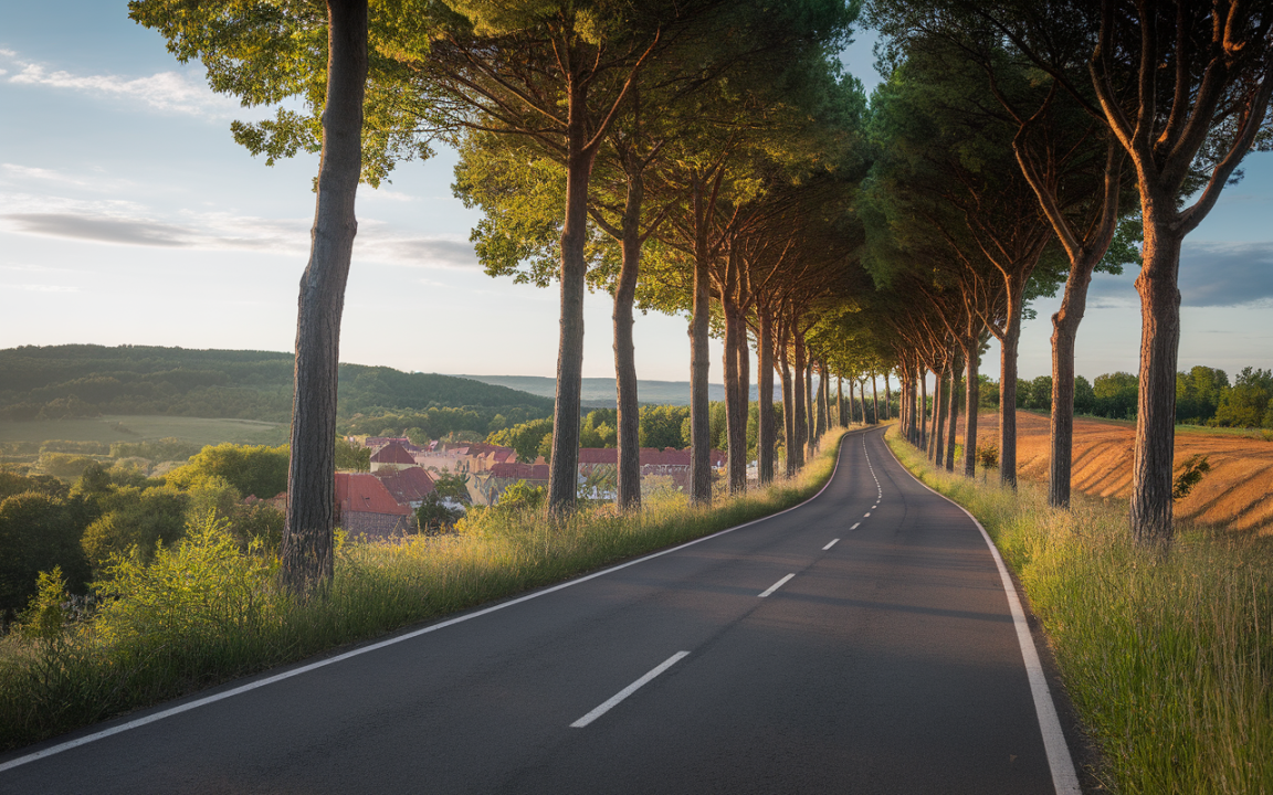 Route sinueuse bordée d'arbres, menant à un village avec des toits rouges, sous un ciel clair et ensoleillé.