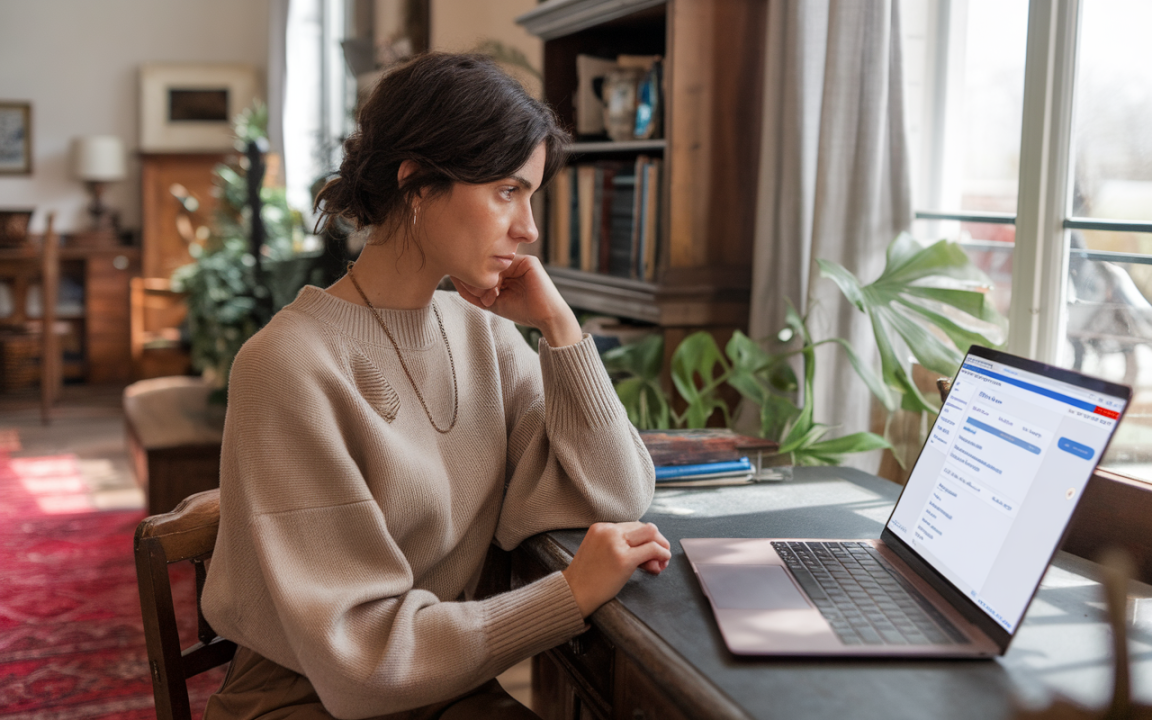 Une femme assise à un bureau, regardant un ordinateur portable. L'intérieur est lumineux avec des plantes et des étagères.