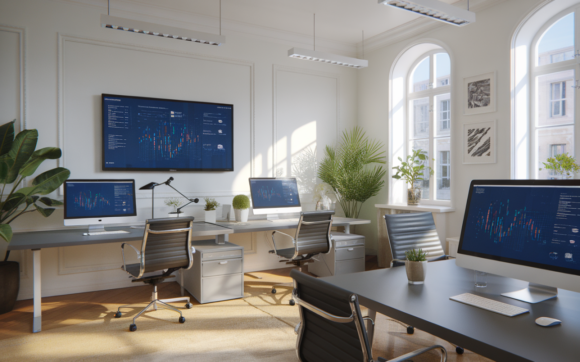 Bureau moderne et lumineux avec écrans, plantes, et mobilier fonctionnel, idéal pour le travail collaboratif et la data visualisation.