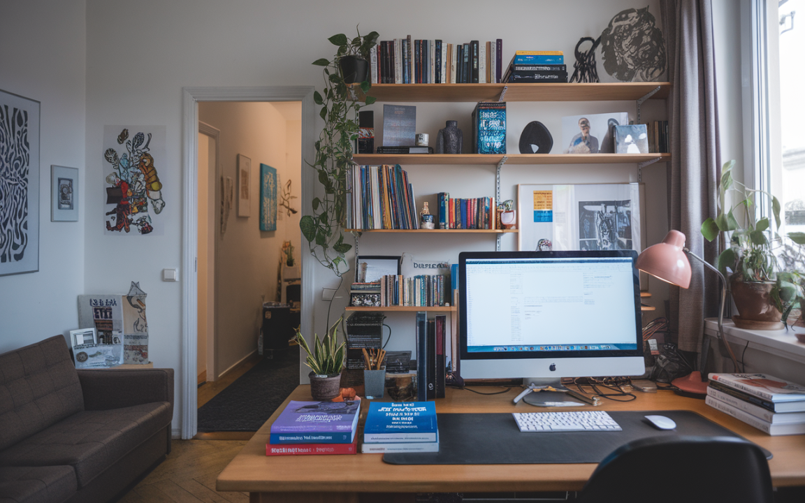 Bureau moderne avec ordinateur, étagères de livres, plantes, canapé et œuvres d'art murales. Ambiance chaleureuse et inspirante.