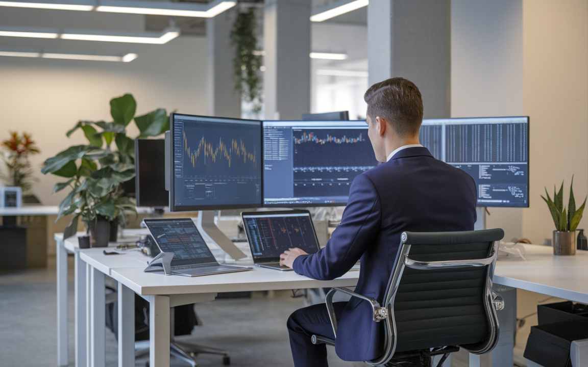 Un homme en costume assis devant plusieurs écrans d'ordinateur dans un bureau moderne, analysant des données financières.