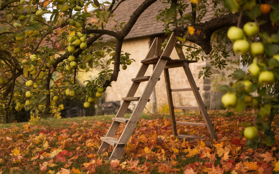 Échelle en bois sous un pommier chargé de pommes vertes, entourée de feuilles d'automne multicolores. Fond flou d'un bâtiment.