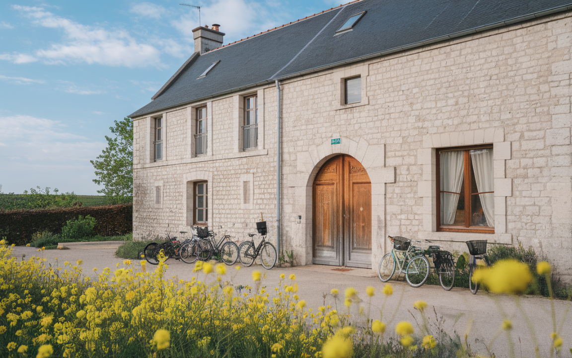Maison en pierre avec portes en bois, vélos stationnés devant un jardin de fleurs jaunes, sous un ciel bleuté.