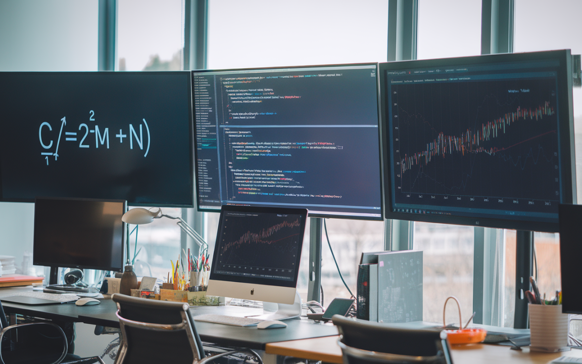 Bureau moderne avec plusieurs écrans affichant des code informatique et des graphiques, accompagné d'outils de travail et de fournitures de bureau.