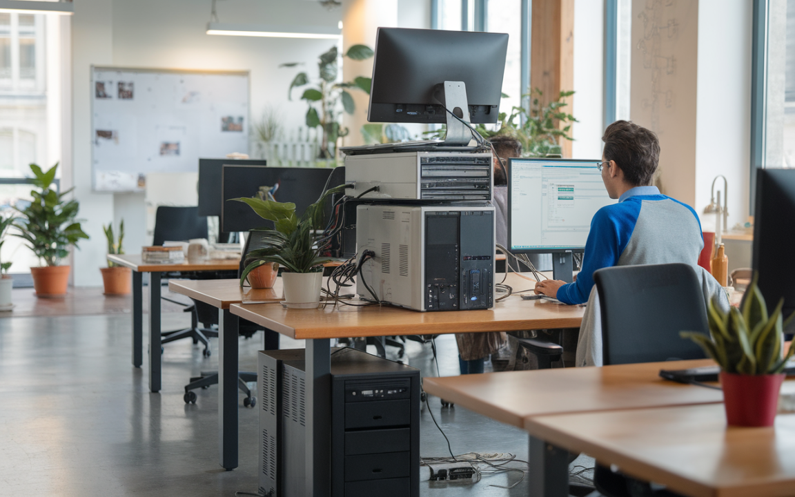 Bureau moderne avec un homme travaillant sur un ordinateur, entouré de plantes et d'équipements informatiques. Ambiance lumineuse et collaborative.